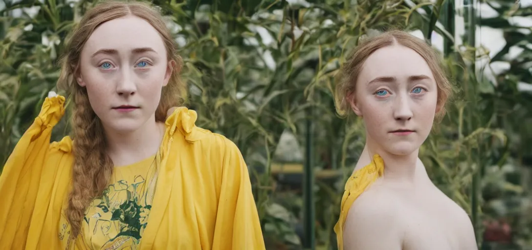 Image similar to A medium format head and shoulders portrait of a young woman that looks like Saoirse Ronan wearing a yellow kimono in a greenhouse, she has a very detailed barn owl on her shoulder, graflex, bokeh