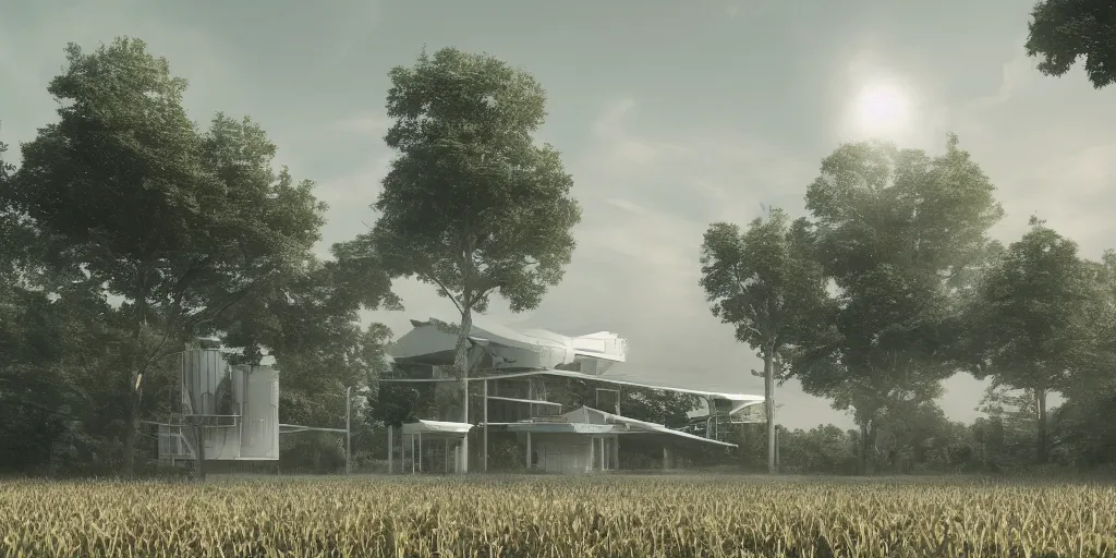 Image similar to large white sci-fi building with power lines running to it, next to farm fields and trees, art station, digital art, art station, volumetric lighting, extremely detailed, trending