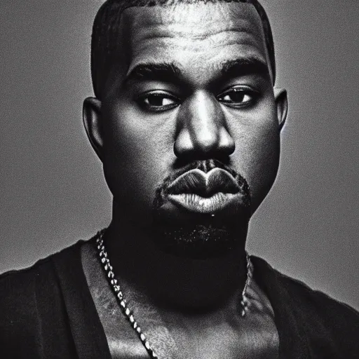 Image similar to the face of young kanye west wearing yeezy clothing at 1 9 years old, black and white portrait by julia cameron, chiaroscuro lighting, shallow depth of field, 8 0 mm, f 1. 8