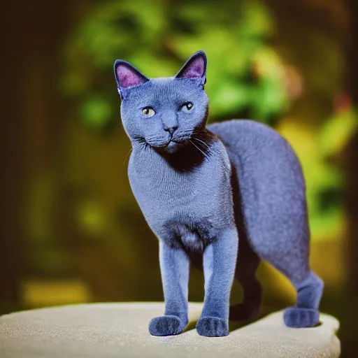 Prompt: Fujichrome Provia 100F photograph of a Russian Blue cat, sigma 85mm f/1.4, 15mm, 35mm, tilted frame, extreme long shot, action shot, long exposure, 4k, high resolution, 4k, 8k, hd, wide angle lens, highly detailed, full color, harsh light and shadow, intoxicatingly blurry