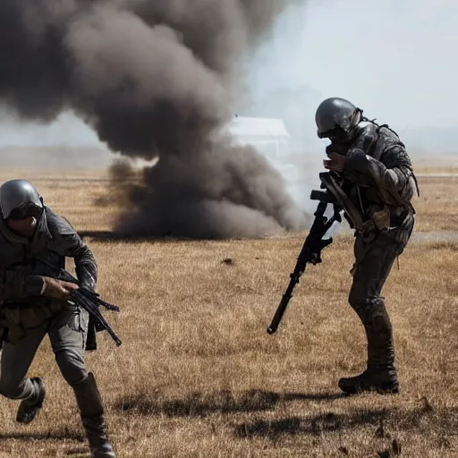 Prompt: modern mercenaries wearing grey body armor smoking shooting at hostiles in the midst of a bloody battle, photo by Adam Ferguson in 2022, Pulitzer Winning, cinematic composition, breathtaking, modern, 2022