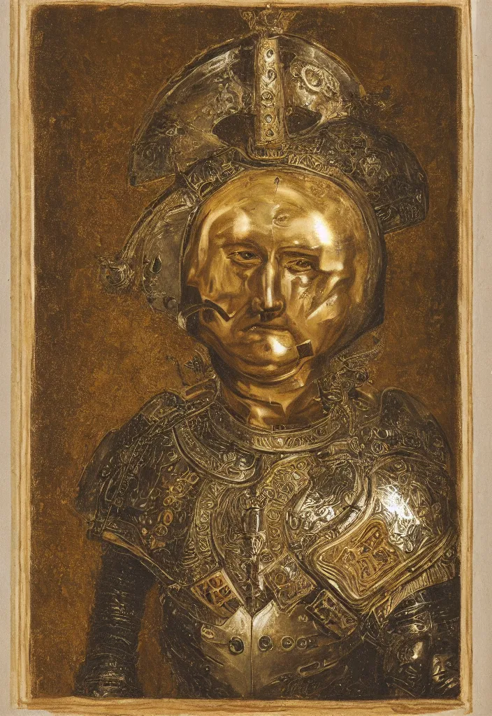 Prompt: portait of a man in decorated crusader baroque style armor and crusader helmet and big golden cross on his chest plate