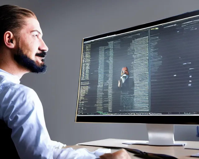 Image similar to man wearing guy fawkes mask looking at computer monitor, corporate photo, cinematic lighting