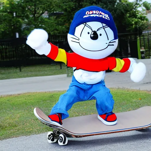 Image similar to doraemon performing skateboard tricks, wearing baggy clothing