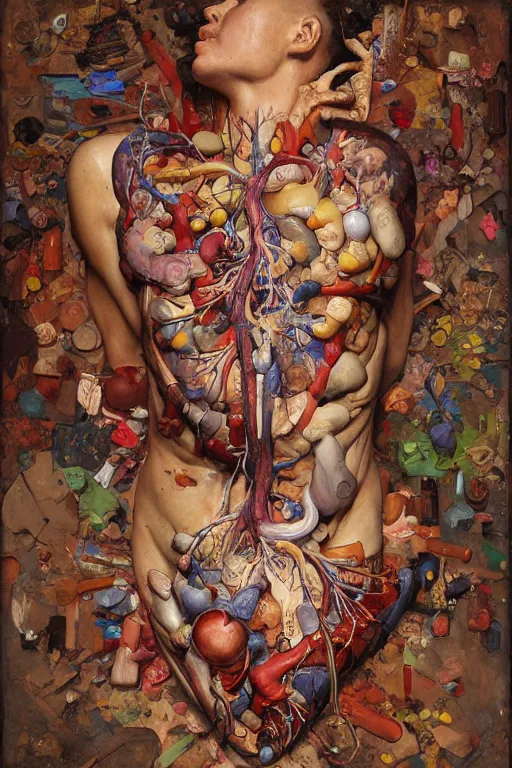 Image similar to accurate anatomical heart imagined as painting palette, wood boart palette, paintbrushes, paint mix, painted by ruan jia, raymond swanland, lawrence alma tadema, zdzislaw beksinski, norman rockwell, jack kirby, tom lovell, alex malveda, greg staples, artgerm, greg rutkowski and alphonse mucha