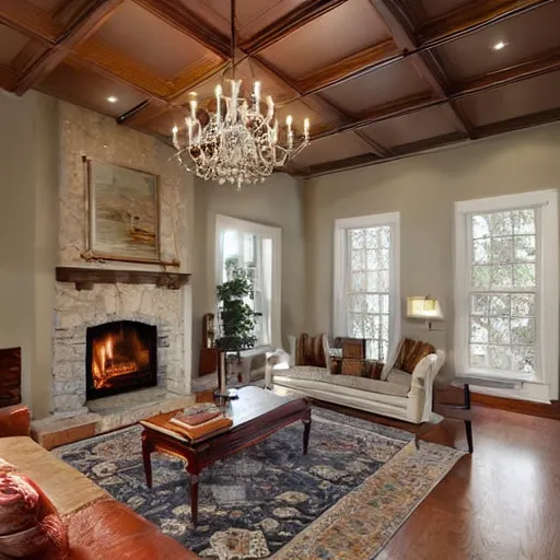 Image similar to a living room with dark wood floors, adjacent hallways, and a wall sized fireplace that reaches to the ceiling, low hanging chandeliers in front of the fireplace, a large rug sits on the floor