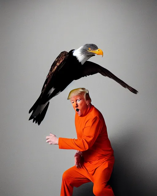 Image similar to Medium Shot Donald Trumps wearing orange pajamas in jail and an american eagle is attacking and biting his head, octane, dramatic lighting, editorial photo, 35mm, very detailed