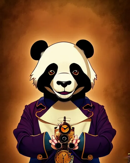 Image similar to don bluth, loish, artgerm, joshua middleton, steampunk, clockpunk anthropomorphic panda, full sailor suit, symmetrical eyes symmetrical face, colorful animation forest background