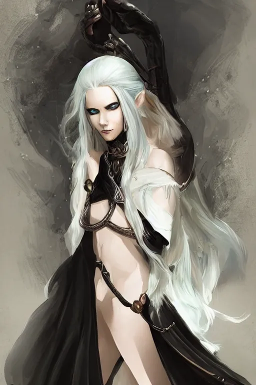 Image similar to a beatiful female elven priestess with white hair wearing thigh high black leather boots, detailed digital art in the style of Charlie Bowater