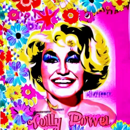 Image similar to 70s graphic design poster with a Dolly Parton’s face, flower child, groovy, retro, hippie, pink tones