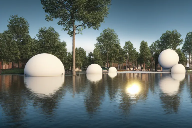 Image similar to many white round spherical buildings are crowded and combined to form a building on the calm lake, by pierre bernard, on the calm lake, people's perspective, future, interior wood, dusk, unreal engine highly rendered, global illumination, radial light, internal environment