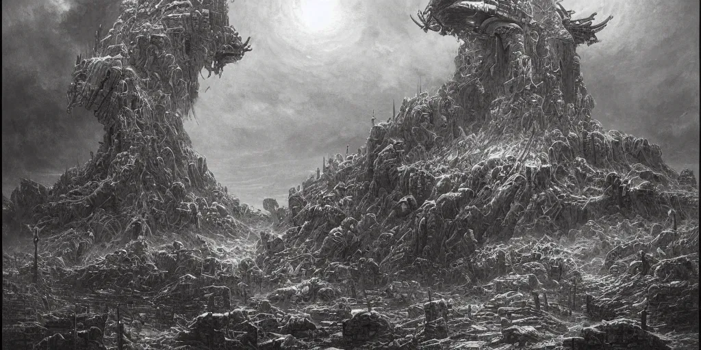 Prompt: destructive overlord robot ai apocalyptic future, futuristic, art by gustave dore, charles mottram, zdizslaw beksinski, victor mikhailovich vasnetsov, 8 k hd, highly detailed, death