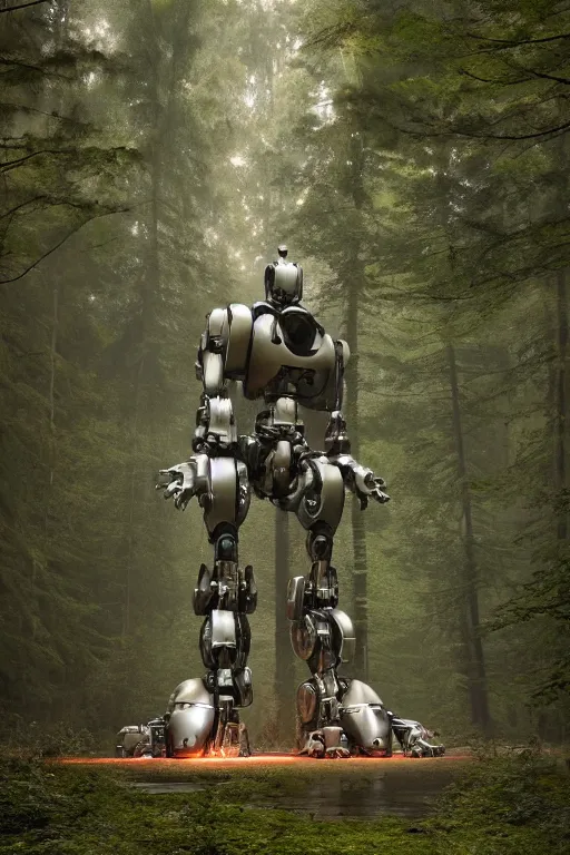 Image similar to A large mechanical robot statue in the middle of a forest by Greg Rutkowski, Sung Choi, Mitchell Mohrhauser, Maciej Kuciara, Johnson Ting, Maxim Verehin, Peter Konig, final fantasy , 8k photorealistic, cinematic lighting, HD, high details, atmospheric,