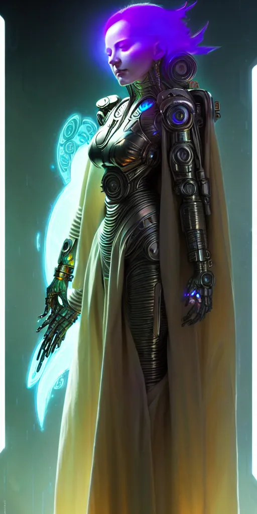 Image similar to ultra detailed female android deity, wearing a cloak, ethereal flowerpunk, scifi, fantasy, cyberpunk octane render, unreal engine, asymmetrical!!! intricate concept art, triadic color, art by artgerm and greg rutkowski and alphonse mucha, 8 k