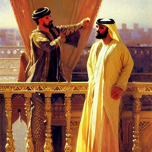 Prompt: attractive arab king confesses that is in love with his attractive male prince, in balcony of palace, above a river. highly detailed painting by gaston bussiere, craig mullins, j. c. leyendecker