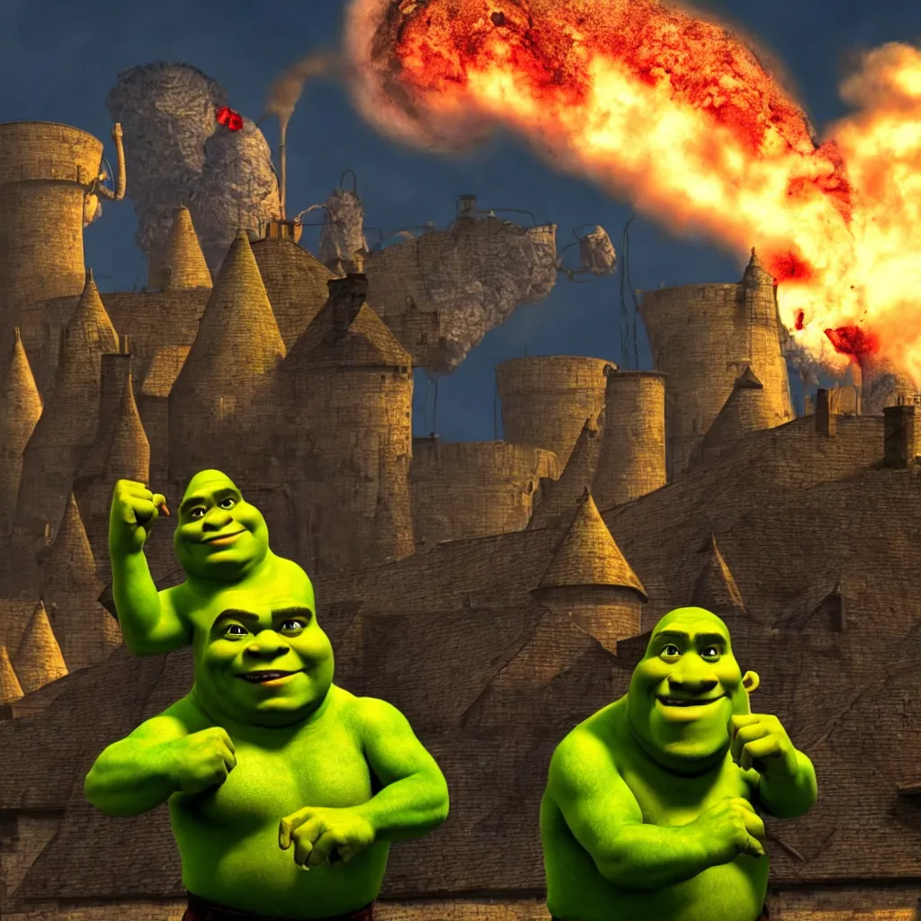 Image similar to shrek punching nuclear chimneys, destruction, chaos, 4 k, realistic, professional photography