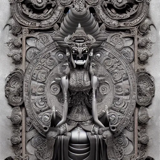 Image similar to naraka buddhist demon korean female, highly detailed, symmetrical long head, smooth marble surfaces, detailed ink illustration, raiden metal gear, cinematic smooth stone, deep aesthetic, concept art, post process, 4 k, carved marble texture and silk cloth, latex skin, highly ornate intricate details, in the style of 8 8 grzes