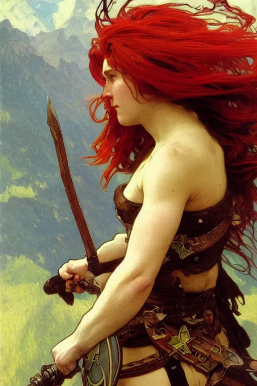 Image similar to half body matte portrait of a red haired valkyry in a heroic pose and wearing thick bronze plate armor at the top of a mountain holding a spear made of lightning, art by albert bierstadt, alphonse mucha, andreas rocha, greg rutkowski, sharp edges. ultra clear detailed. 8 k. elegant. octane render