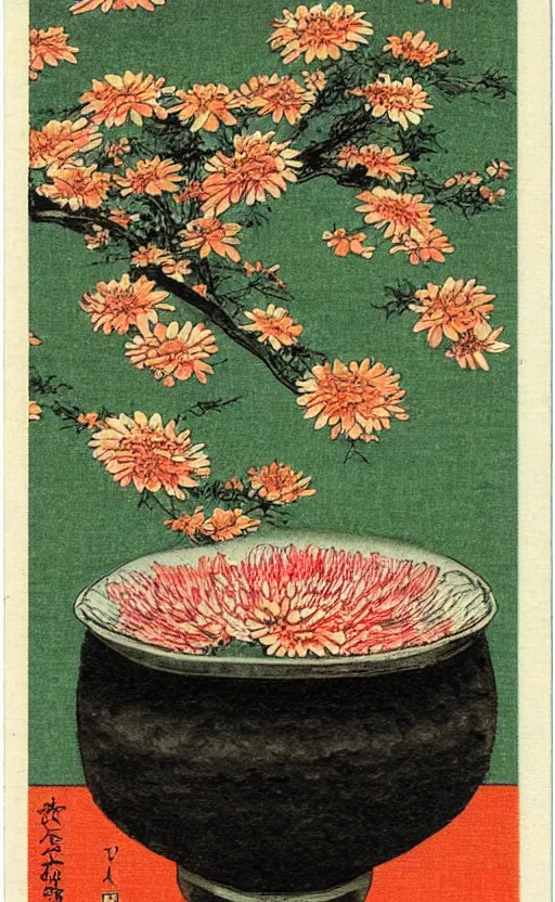 Image similar to by akio watanabe, manga art, chrysanthemum inside sake cup top of japanese table, trading card front