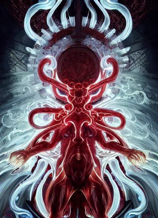 Image similar to cthonic resonance, red and white fractal glowing eyes, genetically augmented pale white young man wreathed in white gold flames, tracing the central nervous system throughout his body, fantasy, extremely detailed, digital painting, artstation, concept art, smooth, sharp focus, illustration, stunning lighting, art by artgerm and greg rutkowski and alphonse mucha and simon stalenhag, realistic character concept, high fantasy, dark atmosphere, golden ratio, cinematic lighting, hyperdetailed, high resolution, a 12x(very) much insanely detailed and intricate, artstation, Marc Simonetti, Greg Rutkowski, 8k