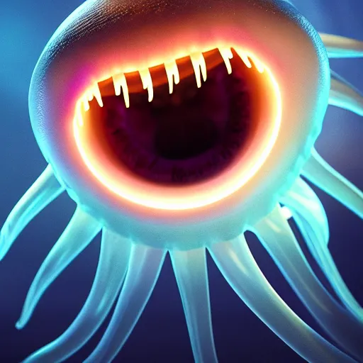 Prompt: a beautiful extreme wide uncropped full body photograph of a super cute jellyfish monster with huge sad eyes and sharp fangs in a wide open mouth, highly detailed, smooth, very very clean, 8 k, cinematic movie photograph, cinematic lighting, octane render, zbrush central contest winner, 3 d maya render