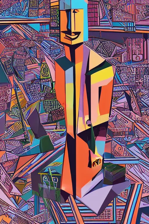 Image similar to cubist moai statue cutout digital illustration cartoon colorful beeple