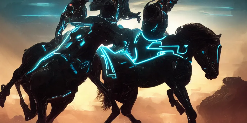 Image similar to tron legacy jesus riding cyborg horse, face, diffuse lighting, hyper realistic, concept art, intricate, hyper detailed, smooth, sharp focus, illustration, trending on artstation, art by greg rutkowski and james gurney and alphonse mucha