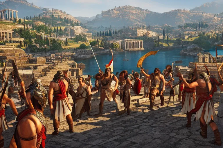 Prompt: ancient greek city in the style of assassins creed odyssey hd wallpaper, a small crowd is gathered outside a temple