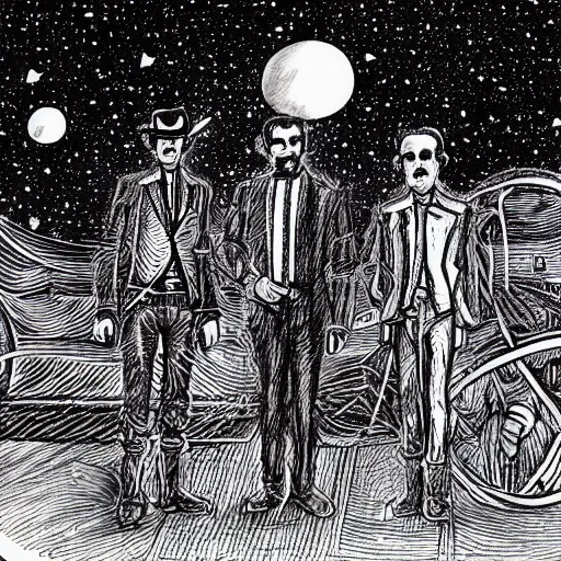 Image similar to hand drawn image of wyatt earp and doc holliday standing on the deck of a futuristic spacecraft with gears and unknown alien hydro technology, inspired by the movie interstellar, high detail, ultra realistic