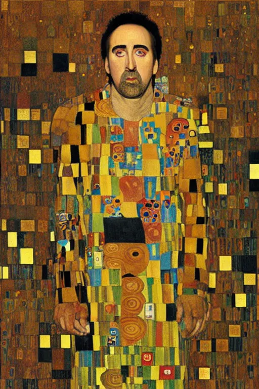 Prompt: Portrait of Nicolas Cage painted by gustav klimt