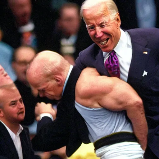 Image similar to joe biden getting body slammed at 1 9 9 9 wrestlemania