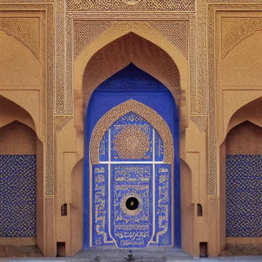 Prompt: art nouveau gate leading into Moroccan Samarkand mosque with Nabatean geometric decorations, science fiction concept art by greg rutkowski and wayne barlowe and alphonse mucha