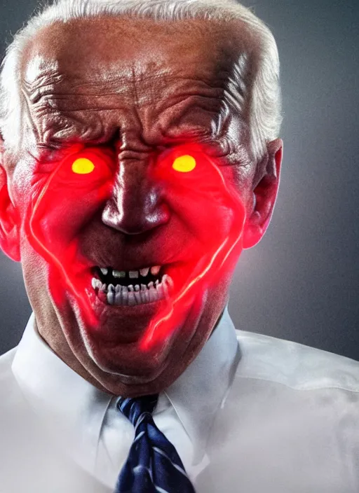 Image similar to hyper realistic photo towering angry wrathful furious glowing red eyes biden