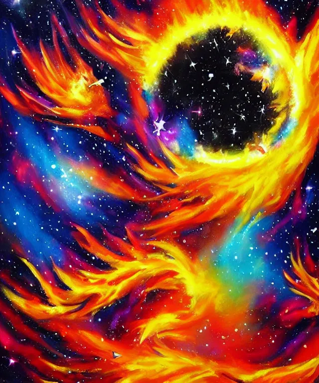 Image similar to blackhole sun, space, professional painting, bright colors, phoenix flames, nebula clouds