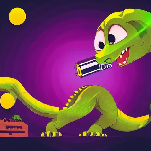 Prompt: “ komodo dragon in the style of zootopia holding laser gun, floating alone, with a black background, digital art, award winning, trending on art station, retro style ”