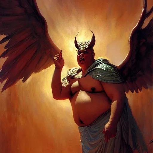 Image similar to obese male lucifer morning star casting a spell summoning male demons, they rise from down bellow. highly detailed painting by gaston bussiere, craig mullins, j. c. leyendecker, 8 k