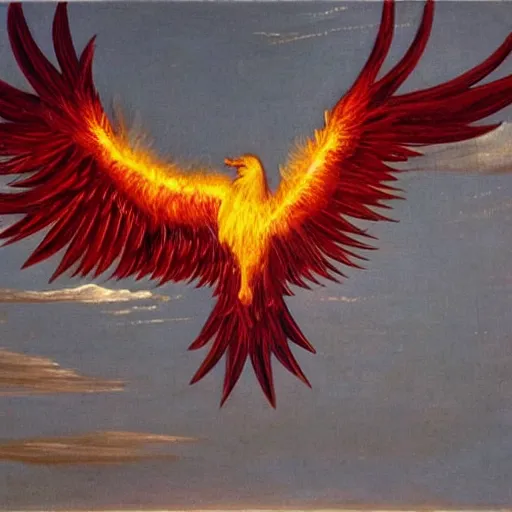 Image similar to Glowing Phoenix bird flying above a city at night painted by Caravaggio. High quality.