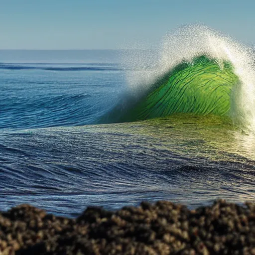 Image similar to small perfect reef point wave breaking in shallow clear water directly in front of the tilt shift camera view hollister ranch offshore winds kelp islands on horizon oil dereks on horizon late afternoon fall time central california