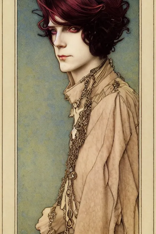 Image similar to edmund dulac, leyendecker, highly detailed portrait, a beautiful androgynous sebastian michaelis, long hair, tall and thin, wearing several pendants, art nouveau, stephen bliss, unreal engine, by greg rutkowski, loish, ferdinand knab, ilya kuvshinov, rossdraws, tom bagshaw, alphonse mucha, global illumination, radiant light