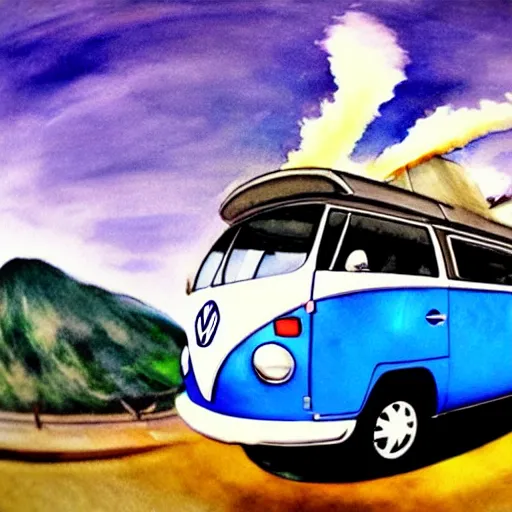 Image similar to a fisheye perspective caricature watercolor painting of a vw volkswagen bus, camper, bulli, type - 2, microbus, kombi, flying towards the camera, jumping at the viewer, dynamic action shot, fish eye lense, frontal, a dramatically erupting vulcano is seen in the background