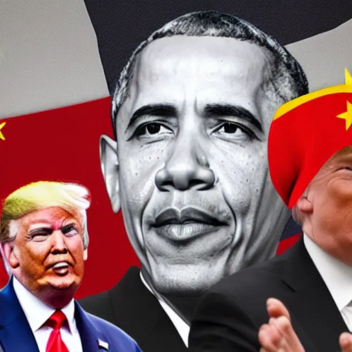 Image similar to obama with an american flag wrapped around his head, trump and putin in greyscale look on forebodingly in the background, red chinese flowers in the background, chinese characters in the foreground