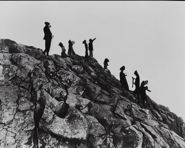 Prompt: a group of people standing on top of a mountain, a black and white photo by Sergio Larraín, featured on flickr, remodernism, movie still, criterion collection, 1920s