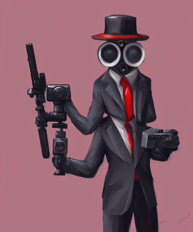 Prompt: a portrait of an anthropomorphic surveillance camera wearing a suit, holding a gun, cyberpunk!, fantasy, elegant, digital painting, artstation, concept art, matte, sharp focus, illustration, art by nick sullo