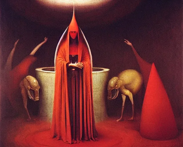 Image similar to devotion to the scarlet woman, priestess in a conical hat, coronation, ritual, sacrament, by francis bacon, beksinski, bosch, mystical redscale photography, opulence, luxury, maximalism.