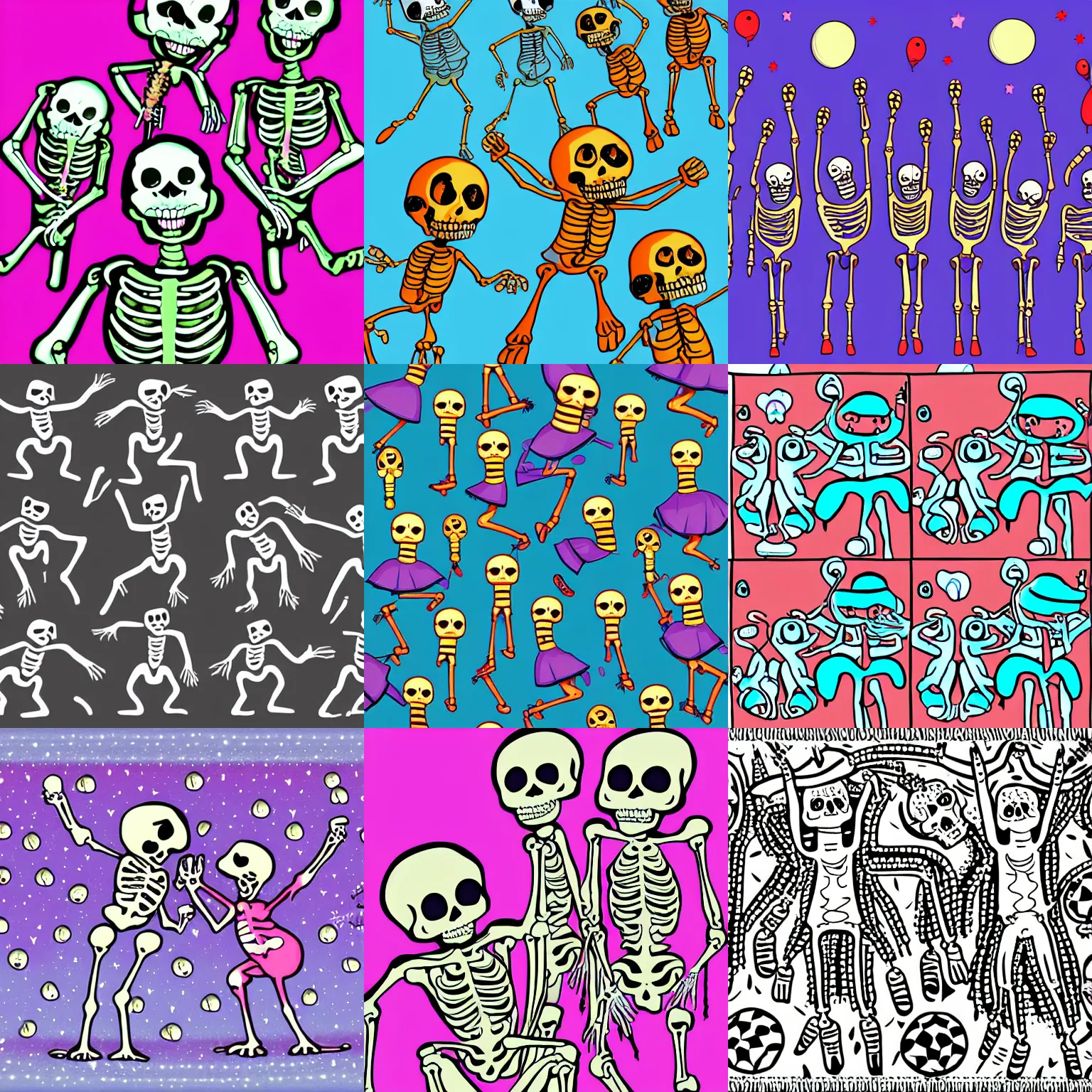 Prompt: skeletons dancing in a disco, cute cartoon digital art