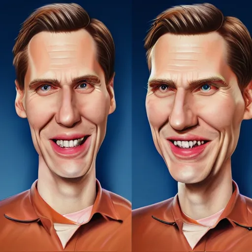 Image similar to Caricature portraits done of Jerma, realistic, hyperrealistic, very realistic, highly detailed, very detailed, extremely detailed, detailed, oil painting, digital art, trending on artstation