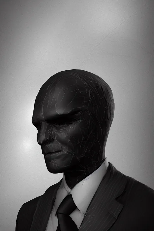 Prompt: man in a black suit with static snow coverimg his head, cel-shaded, CGSociety, volumetric lighting, shadow depth, zbrush