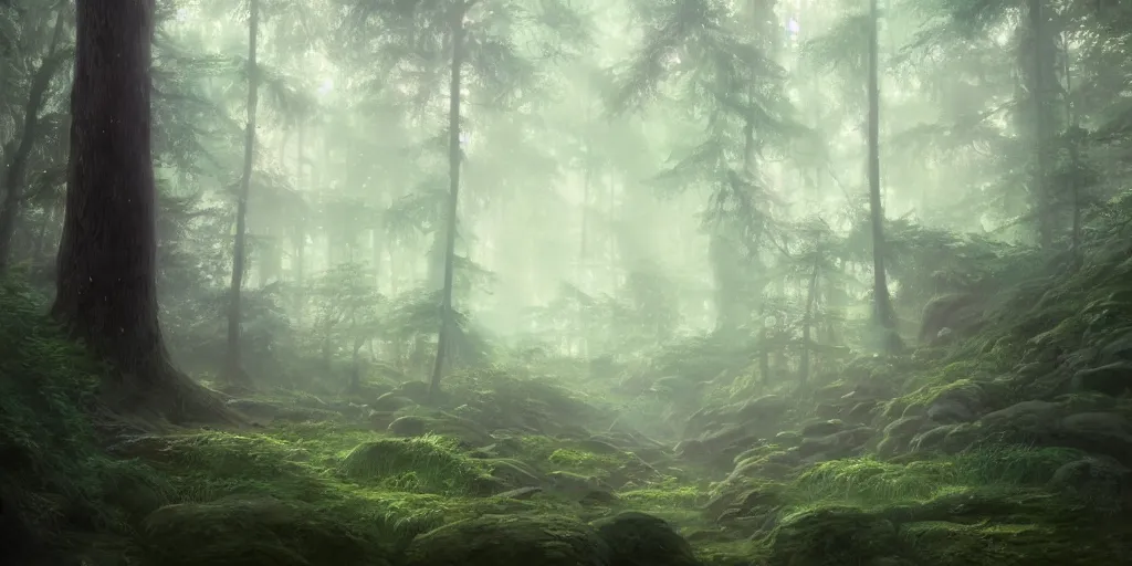 Image similar to A highly detailed matte oil painting of a forest by Mokoto Shinkai, hyperrealistic, breathtaking, beautiful composition, by Artgerm, by beeple, by Studio Ghibli, volumetric lighting, octane render, 4K resolution, trending on artstation