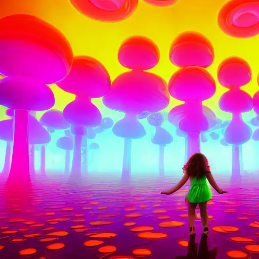 Image similar to Little girl wandering among many giant glowing mushrooms, Neon colors, psychedelic art, trippy, 4k, HQ, Trending on Artstation