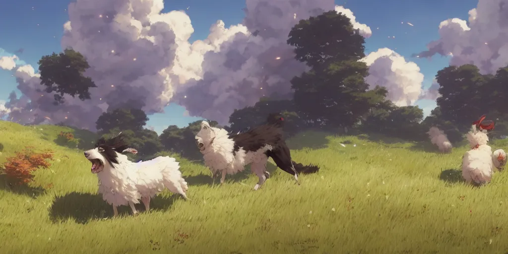 Image similar to border collie chasing sheep on feld nime key visual of luffy studio lit directed gaze, trending on pixiv fanbox, painted by greg rutkowski makoto shinkai takashi takeuchi studio ghibli